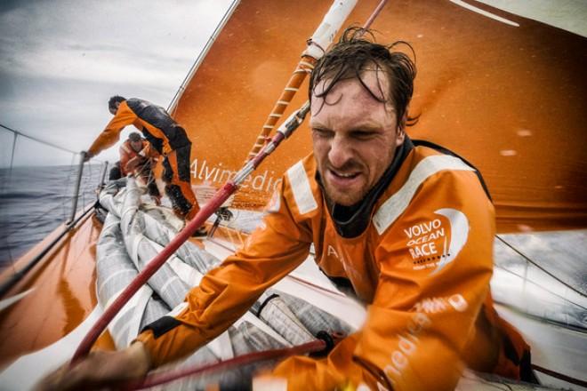Team Alvimedica - The straight line drag race enters its first full day, always sailing into the stronger winds first. Dave Swete on the bow during a wet sail change off New Caledon - Leg 4 to Auckland -  Volvo Ocean Race 2015 ©  Amory Ross / Team Alvimedica